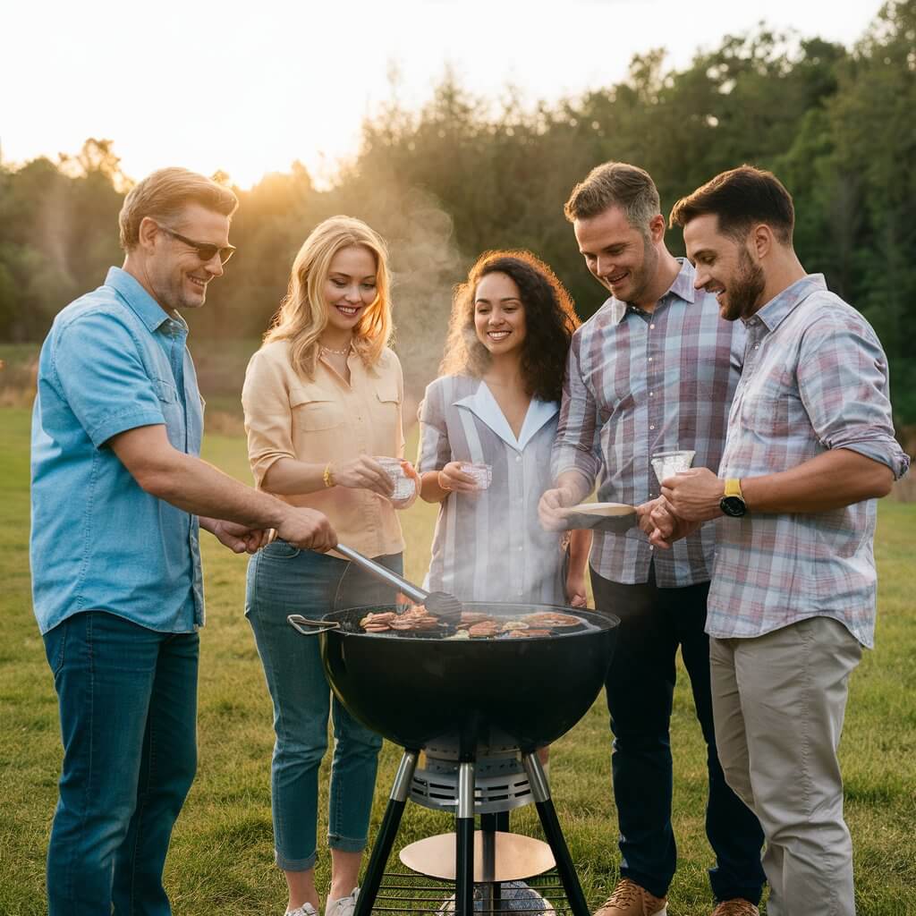 Outdoor grilling scene with family and friends