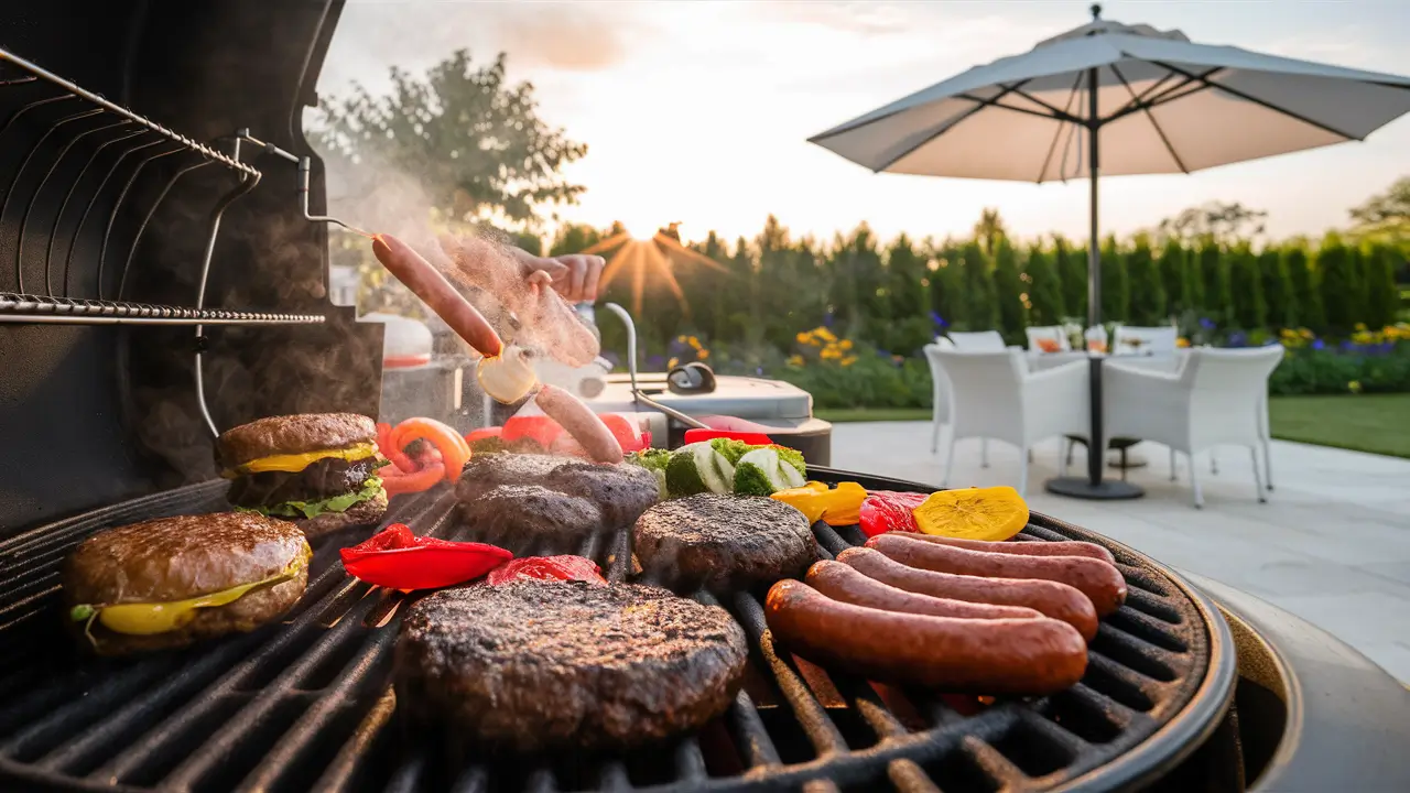 Outdoor grilling setup with various foods on the grill